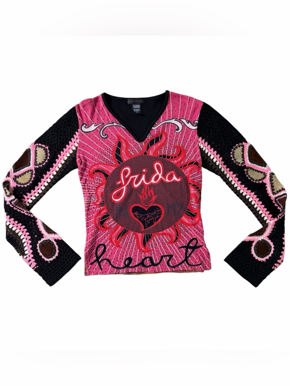 Rare Vintage Custo Barcelona Y2K Frida In My Heart Graphic Crochet Sleeve Top